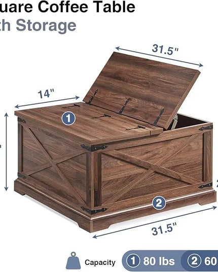 Farmhouse Square Coffee Table with Storage, Wood Center Table with Hinged Lift Top, Rustic Cocktail Table with Large Hidden Storage Compartment for Living Room, Bedroom,Brown - LeafyLoom