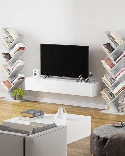 Function Home 9 Tier Tree Bookshelf, Modern Tall Geometric Bookcase, Freestanding Book Shelf, Wood Floor Storage Shelf for Living Room, Bedroom, Home Office,White - LeafyLoom