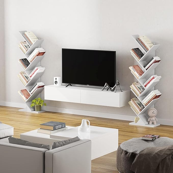 Function Home 9 Tier Tree Bookshelf, Modern Tall Geometric Bookcase, Freestanding Book Shelf, Wood Floor Storage Shelf for Living Room, Bedroom, Home Office,White - LeafyLoom