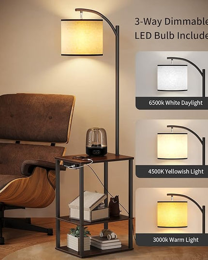 SUNMORY Floor Lamp with Charging Station(USB & AC Port), Rustic End Table Lamp with Shelves & 3-Color Temperature LED Bulb, Lamp Table for Living Room, Walnut - LeafyLoom