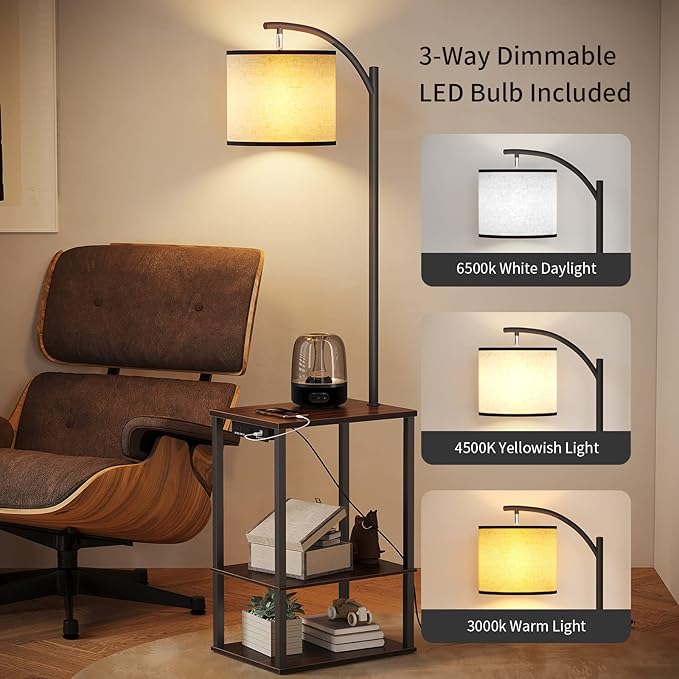 SUNMORY Floor Lamp with Charging Station(USB & AC Port), Rustic End Table Lamp with Shelves & 3-Color Temperature LED Bulb, Lamp Table for Living Room, Walnut - LeafyLoom