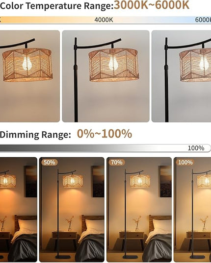 Arc Boho Farmhouse Black Floor Lamp, Standing Lamp with Rattan & Fabric Double Shade with Remote Control, Dimmable LED Bulb with 8 Color Temperature, Tall Pole for Living Room Bedroom Corner Office - LeafyLoom