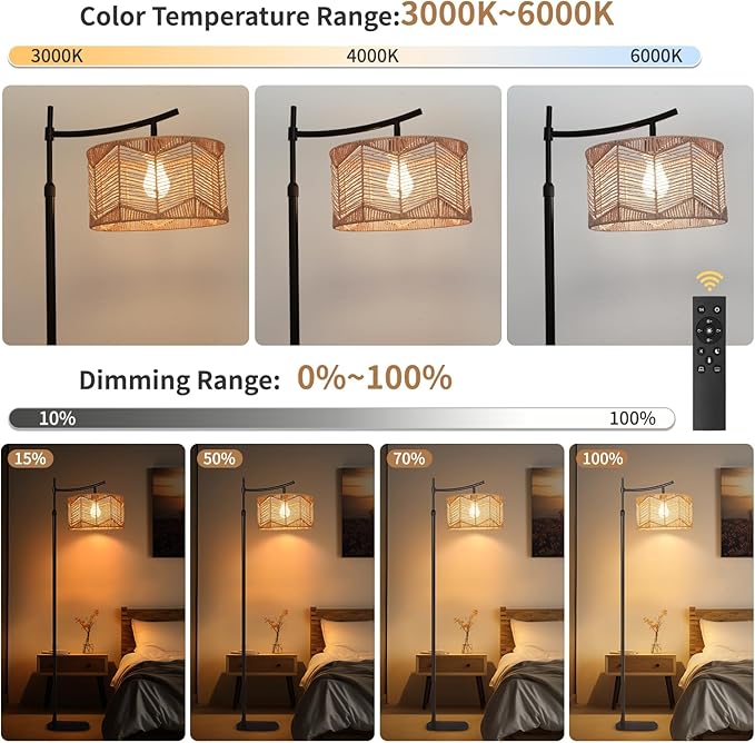 Arc Boho Farmhouse Black Floor Lamp, Standing Lamp with Rattan & Fabric Double Shade with Remote Control, Dimmable LED Bulb with 8 Color Temperature, Tall Pole for Living Room Bedroom Corner Office - LeafyLoom