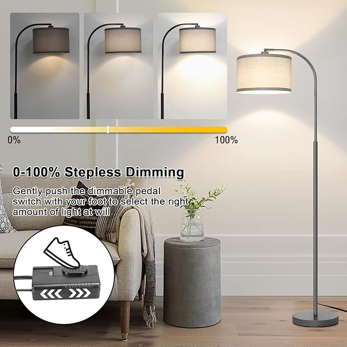 Boncoo Dimmable Floor Lamp, Arc Floor Lamps for Living Room, Stepless Dimmable Standing Lamp with Adjustable Drum Shade, Modern Arched Corner Light for Bedroom, Office, LED Bulb Included - LeafyLoom