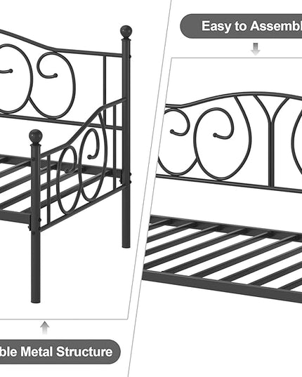 VECELO Twin Daybed Frame, Metal Day Bed with Classic Headboard, Multifunctional Platform Beds for Bedroom, Living Room, Guest Room, No Boxing Spring Needed, Black - LeafyLoom