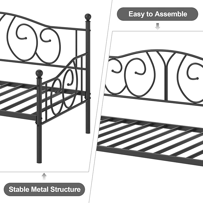 VECELO Twin Daybed Frame, Metal Day Bed with Classic Headboard, Multifunctional Platform Beds for Bedroom, Living Room, Guest Room, No Boxing Spring Needed, Black - LeafyLoom