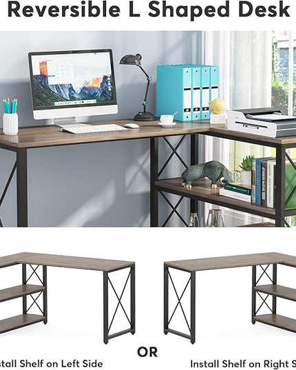 Tribesigns Reversible Industrial L-Shaped Desk with Storage Shelves, Corner Computer Desk PC Laptop Study Table Workstation for Home Office Small Space (Grey, 53") - LeafyLoom