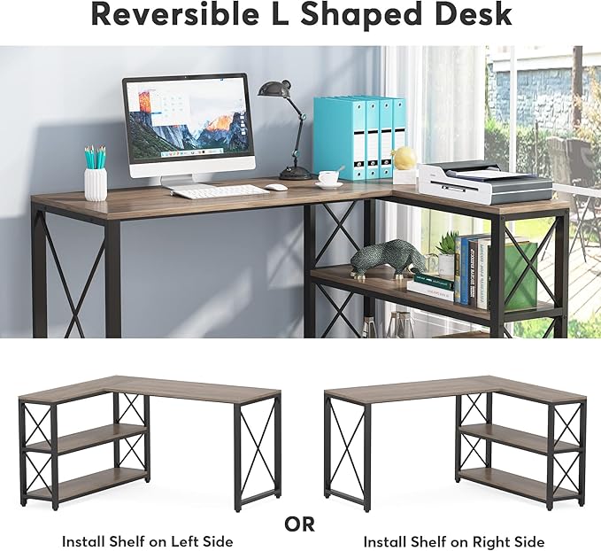 Tribesigns Reversible Industrial L-Shaped Desk with Storage Shelves, Corner Computer Desk PC Laptop Study Table Workstation for Home Office Small Space (Grey, 53") - LeafyLoom
