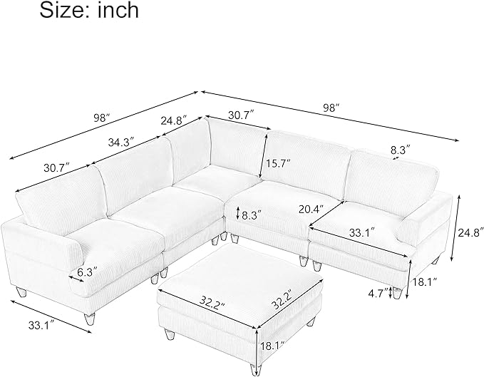 6 Seater Oversized Modular Sectional Sofa Convertible Sleeper Couch Bed with Movable Ottomans and Solid Wood Legs, Free Combination Corduroy Upholstered Lounge Sofabed for Living Room Office - LeafyLoom