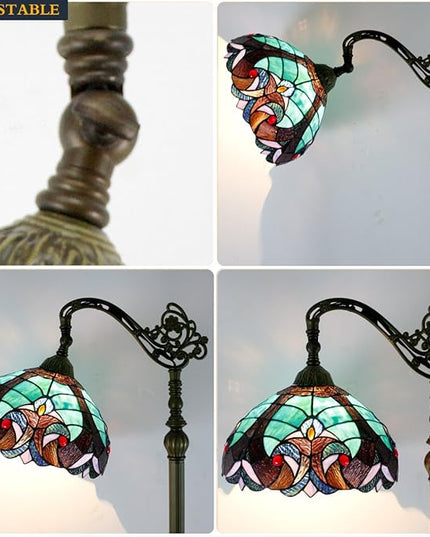 WERFACTORY Tiffany Floor Lamp Green Liaison Stained Glass Arched Lamp 12X18X64 Inches Gooseneck Adjustable Corner Standing Reading Light Decor Bedroom Living Room S160G Series - LeafyLoom