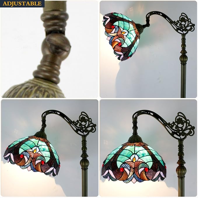WERFACTORY Tiffany Floor Lamp Green Liaison Stained Glass Arched Lamp 12X18X64 Inches Gooseneck Adjustable Corner Standing Reading Light Decor Bedroom Living Room S160G Series - LeafyLoom