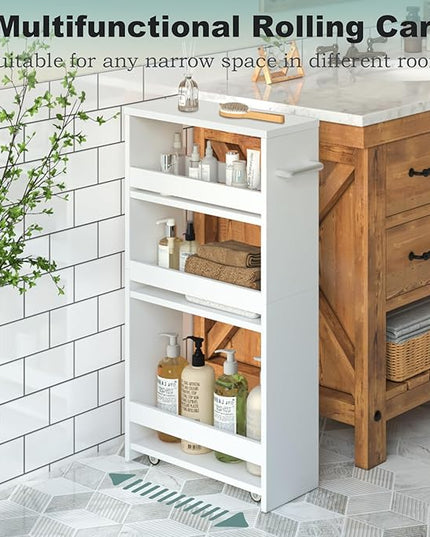 MARTY White Slim Storage Cart with Wheels, 4 Tier Rolling Utility Cart with Handle Slide Out Shelving Unit Organizer Trolley for Laundry Kitchen Bathroom Narrow Places Small Corner - LeafyLoom