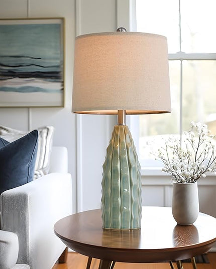 23.75" Modern Green Ceramic Lamps Set of 2 for Living Room Study Room Office Dorm Farmhouse Nightstand, End Table Lamps - LeafyLoom