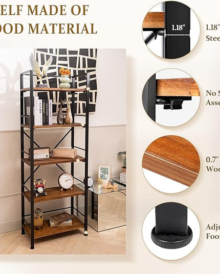 Rustic Bookshelf, 5 Tier Real Wood Bookshelf, Metal Book Shelf for Storage, Black Bookcase, 12.6" D x 23.62" W x 64.17" H - LeafyLoom