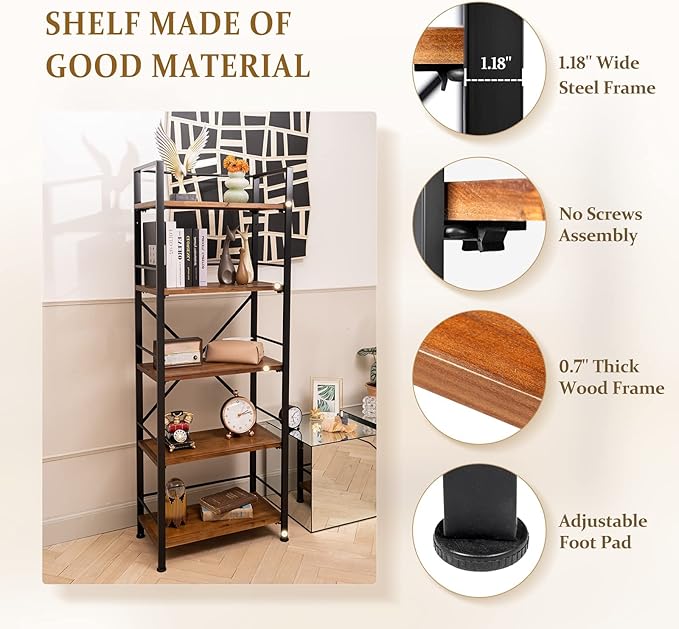 Rustic Bookshelf, 5 Tier Real Wood Bookshelf, Metal Book Shelf for Storage, Black Bookcase, 12.6" D x 23.62" W x 64.17" H - LeafyLoom