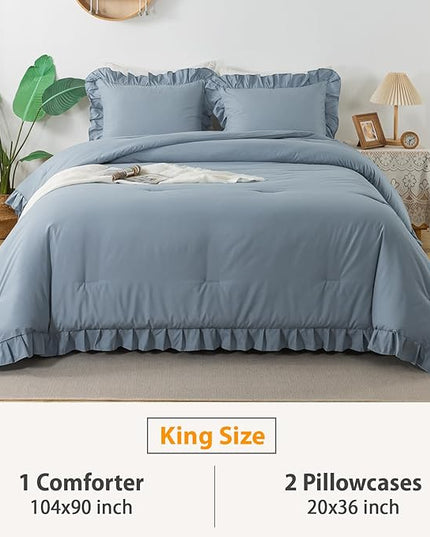 Andency Grayish Blue King Comforter Set(104x90Inch), 3 Pieces Lightweight Winter Summer Warm Fluffy Bedding Comforter Set, All Season Microfiber Shabby Chic(1 Ruffle Comforter and 2 Pillowcases) - LeafyLoom