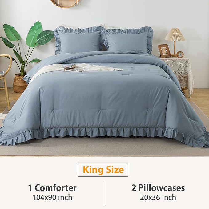 Andency Grayish Blue King Comforter Set(104x90Inch), 3 Pieces Lightweight Winter Summer Warm Fluffy Bedding Comforter Set, All Season Microfiber Shabby Chic(1 Ruffle Comforter and 2 Pillowcases) - LeafyLoom