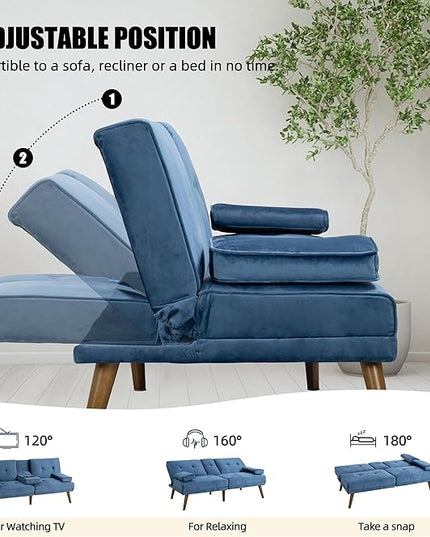 Shintenchi Futon Sofa Bed, Convertible Couch Bed Loveseat, Modern Futon Recliner Sleeper, Small Lazy Futon Set for Living Room, Office, Apartment, Blue - LeafyLoom