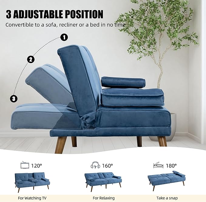 Shintenchi Futon Sofa Bed, Convertible Couch Bed Loveseat, Modern Futon Recliner Sleeper, Small Lazy Futon Set for Living Room, Office, Apartment, Blue - LeafyLoom