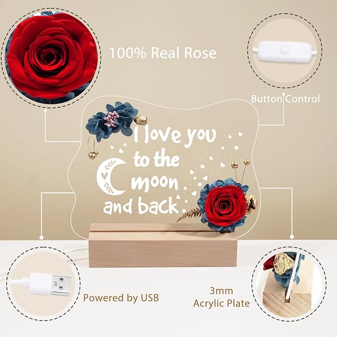Yamonic Valentines Day Gifts for Her, Handmade Acrylic Plaque with Eternal Real Rose, Night Light with Preserved Rose Romantic Gifts for Girlfriend Wife Women (to The Moon and Back) - LeafyLoom