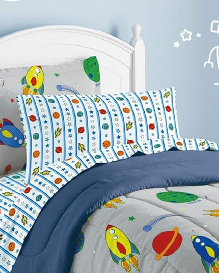 Dream Factory Space Rocket Ultra Soft Microfiber Comforter Set, Multi-Colored, Twin,2A745901MU - LeafyLoom