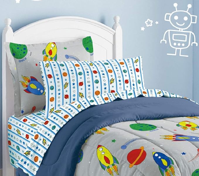 Dream Factory Space Rocket Ultra Soft Microfiber Comforter Set, Multi-Colored, Twin,2A745901MU - LeafyLoom