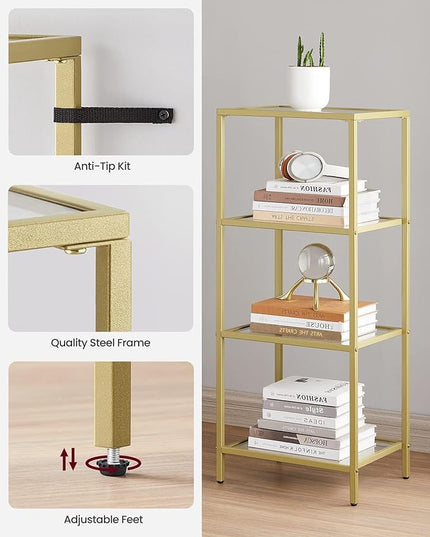 VASAGLE Bookcase, 4-Tier Bookshelf, Slim Shelving Unit for Bedroom, Bathroom, Home Office, Tempered Glass, Steel Frame, Metallic Gold ULGT28G - LeafyLoom