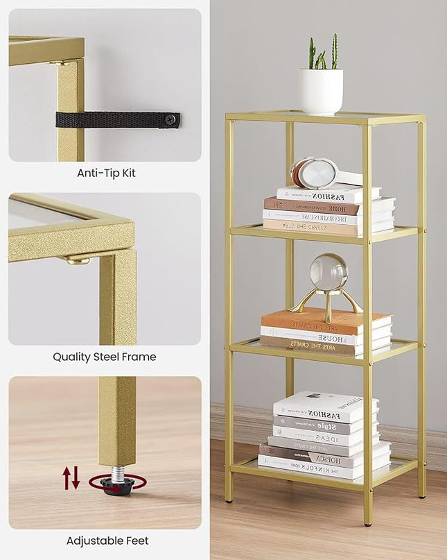 VASAGLE Bookcase, 4-Tier Bookshelf, Slim Shelving Unit for Bedroom, Bathroom, Home Office, Tempered Glass, Steel Frame, Metallic Gold ULGT28G - LeafyLoom