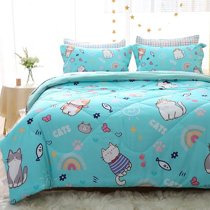 Kawaii Cats Comforter Set Twin Size for Girls Boys Kids Teens 7 Piece Cute Animal Fish Butterfly Bed in A Bag Cartoon Rainbow Star Sun Heart Bedding Set All Season Lightweight - LeafyLoom