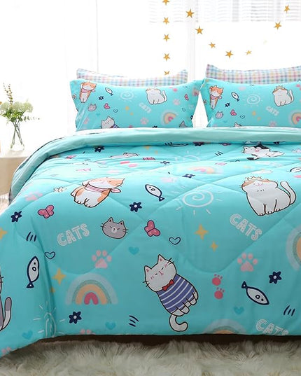 Cute Kids Cat Comforter Set Full Size 7 Piece Blue Rainbow Star Sun Heart Bed in A Bag Kawaii Animal Butterfly Fish Bedding Set for Girls Boys Teens Super Soft All Season - LeafyLoom