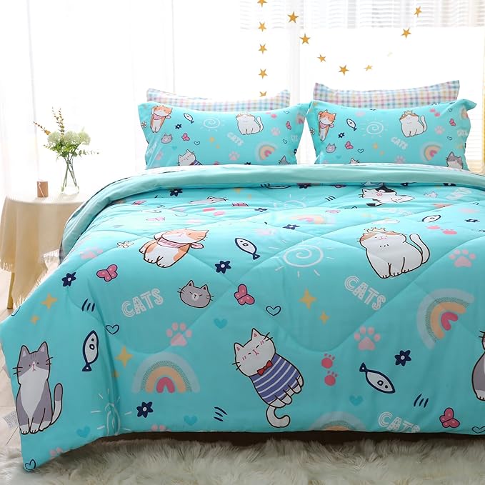 Cute Kids Cat Comforter Set Full Size 7 Piece Blue Rainbow Star Sun Heart Bed in A Bag Kawaii Animal Butterfly Fish Bedding Set for Girls Boys Teens Super Soft All Season - LeafyLoom