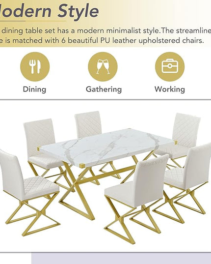 Modern 7 Piece Set with Rectangular Marble Teexture Kitchen Table and 6 PU Leather Chairs and X-Shaped Gold Steel Pipe Legs, for Dining Room, White 27 - LeafyLoom