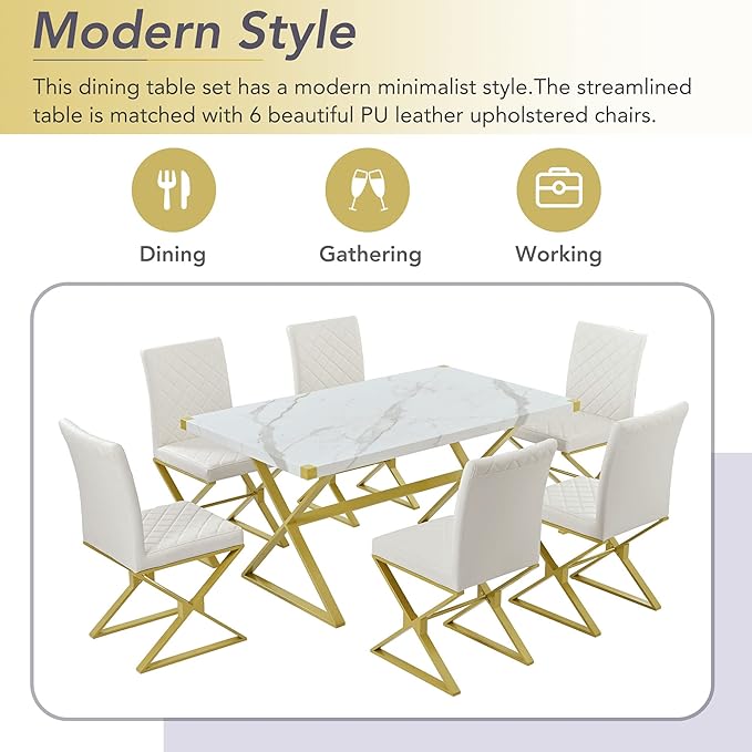 60 Inch Dining Table Set, 7-Piece Rectangular Marble Texture Kitchen Table and 6 PU leather Chairs with X-Shaped Gold Steel Pipe Legs, Dining Room Table Set for Living Room, White - LeafyLoom