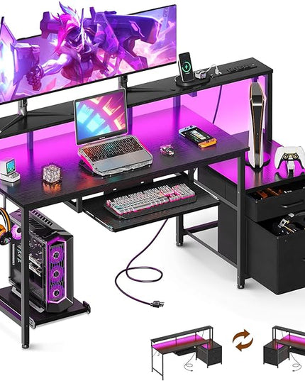 AODK 55 Inch Gaming Desk with Power Outlets & LED Light, Reversible Computer Desk with File Cabinet and Fabric Drawer, Office Desk with Keyboard Tray, Table with Full Monitor Riser and PC Stand, Black - LeafyLoom