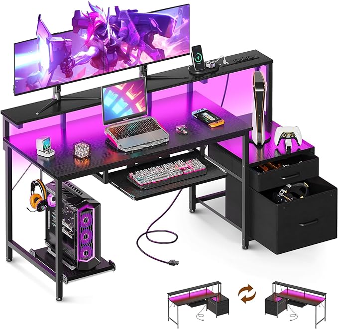 AODK 55 Inch Gaming Desk with Power Outlets & LED Light, Reversible Computer Desk with File Cabinet and Fabric Drawer, Office Desk with Keyboard Tray, Table with Full Monitor Riser and PC Stand, Black - LeafyLoom