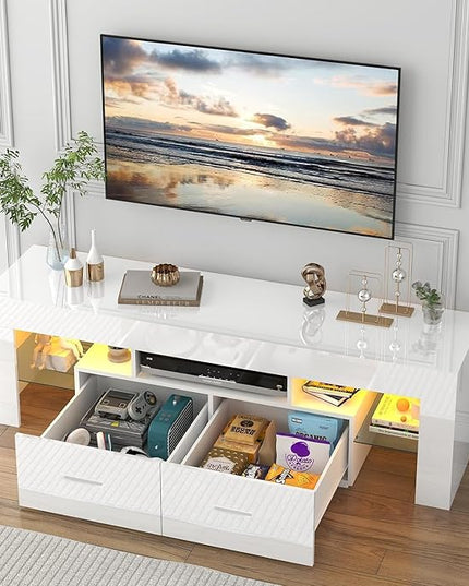 HOUAGI LED TV Stand for 50/55/60/65/70 Inch TVs,Modern Entertainment Center with Storage Drawer and Glass shelf, TV Console Table for Living room,Bedroom,White - LeafyLoom