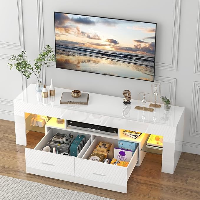 HOUAGI LED TV Stand for 50/55/60/65/70 Inch TVs,Modern Entertainment Center with Storage Drawer and Glass shelf, TV Console Table for Living room,Bedroom,White - LeafyLoom