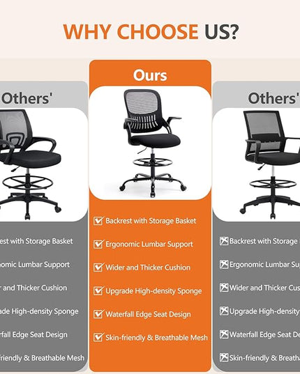 Sweetcrispy Home Office Drafting Desk Chair - Ergonomic High Stool Computer with Adjustable Height and Comfy Lumbar Support, Tall Rolling Task for Standing Desk with Flip-up Arm and Footrest, Black - LeafyLoom