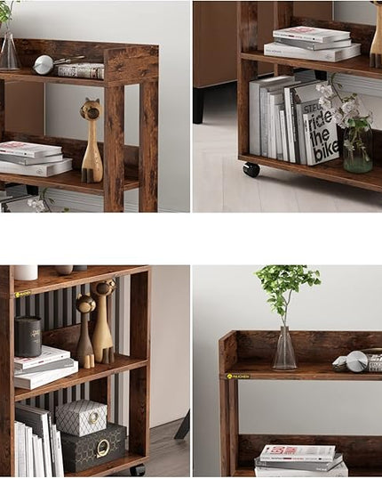 3 Tier Nightstand with Wheels, Wood Small Bookshelf and Bookcase, Farmhouse Bedside End Table with Storage Rack for Bedroom, Library, Living Room, Home, Office Cart, Rustic - LeafyLoom