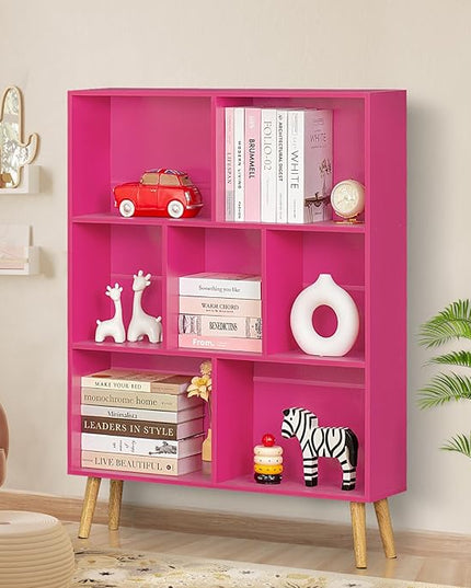 LEYAOYAO 7 Cube Bookshelf,3 Tier Book Shelf with Legs,Pink Modern Bookshelf,Large Freestanding Open Toy Modern Bookshelves,Display Bookcases Decor Furniture for Nursery - LeafyLoom