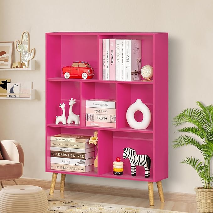 LEYAOYAO 7 Cube Bookshelf,3 Tier Book Shelf with Legs,Pink Modern Bookshelf,Large Freestanding Open Toy Modern Bookshelves,Display Bookcases Decor Furniture for Nursery - LeafyLoom