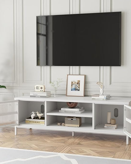 TV Stand for 55 60 inch TV, Glass Door Metal TV Cabinet Modern Mid Century Entertainment Center with Storage, TV Industrial Media Console Table 2 Cabinet for Living Room, Bedroom (White) - LeafyLoom