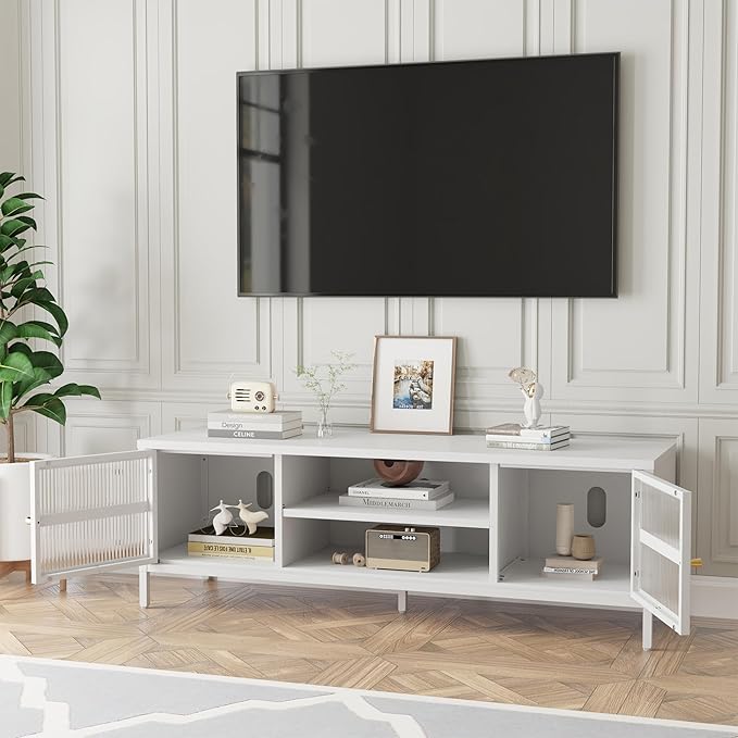 TV Stand for 55 60 inch TV, Glass Door Metal TV Cabinet Modern Mid Century Entertainment Center with Storage, TV Industrial Media Console Table 2 Cabinet for Living Room, Bedroom (White) - LeafyLoom
