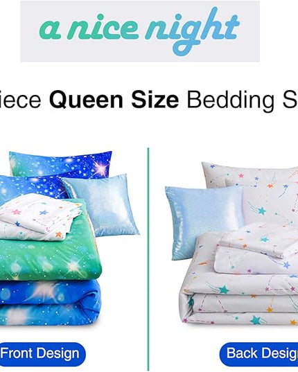 A Nice Night 6Pcs Gradient Glitter Bedding Set for Girls, Colorful Rainbow Galaxy Comforter Set, Ultra Soft Bedding Sets (Blue-Green,Queen 6Pcs) - LeafyLoom