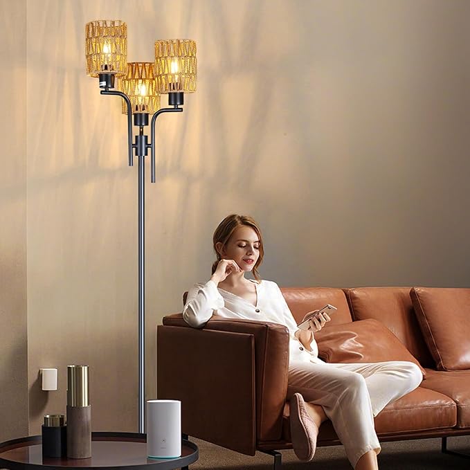 Ganeed Floor Lamps for Living Room,3 Lights Rattan Standing Tall Lamp with Foot Switch,360°Rotation Black Modern Woven Standing Floor Lamp for Bedroom Office - LeafyLoom