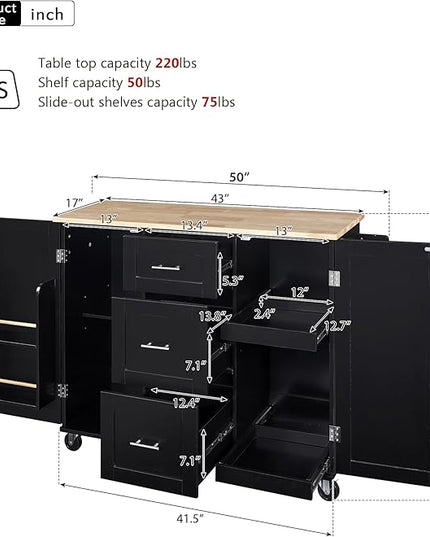 Mobile Island, Spice Tower, Rolling Kitchen Cart on Wheels w/Rubber Wood Top, 3 Drawer, 2 Slide-Out Shelf and Internal Storage Rack, Black, 50 Inch - LeafyLoom