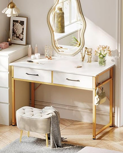 ODK Vanity Desk without Mirror, Makeup Vanity with 2 Fabirc Drawers, White Vanity Dressing Vanity Table with Versatile Hook, 40 Inch Girl Vanity for Bedroom, Desk Make Up for Girls, White and Gold - LeafyLoom