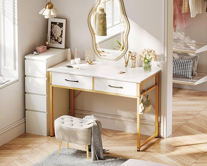 ODK Vanity Desk without Mirror, Makeup Vanity with 2 Fabirc Drawers, White Vanity Dressing Vanity Table with Versatile Hook, 40 Inch Girl Vanity for Bedroom, Desk Make Up for Girls, White and Gold - LeafyLoom
