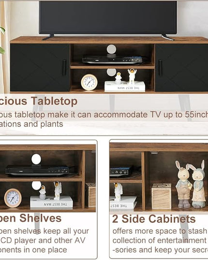 Iwell TV Stand for 55 inch TV, TV Console, Entertainment Center with 2 Cabinets & Open Shelf, Mid Century Modern TV Stand for Living Room/Bedroom, Black - LeafyLoom