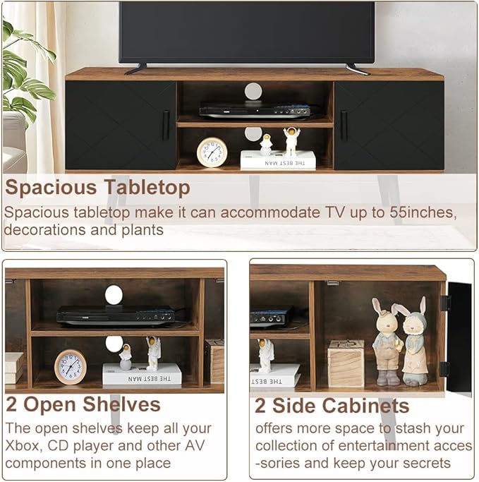 Iwell TV Stand for 55 inch TV, TV Console, Entertainment Center with 2 Cabinets & Open Shelf, Mid Century Modern TV Stand for Living Room/Bedroom, Black - LeafyLoom
